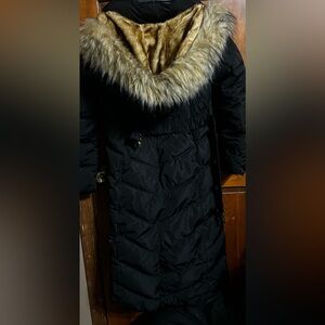 BEBE Black Puffer Long Coat Belted with Fur Trim Hood Women’s Size Medium